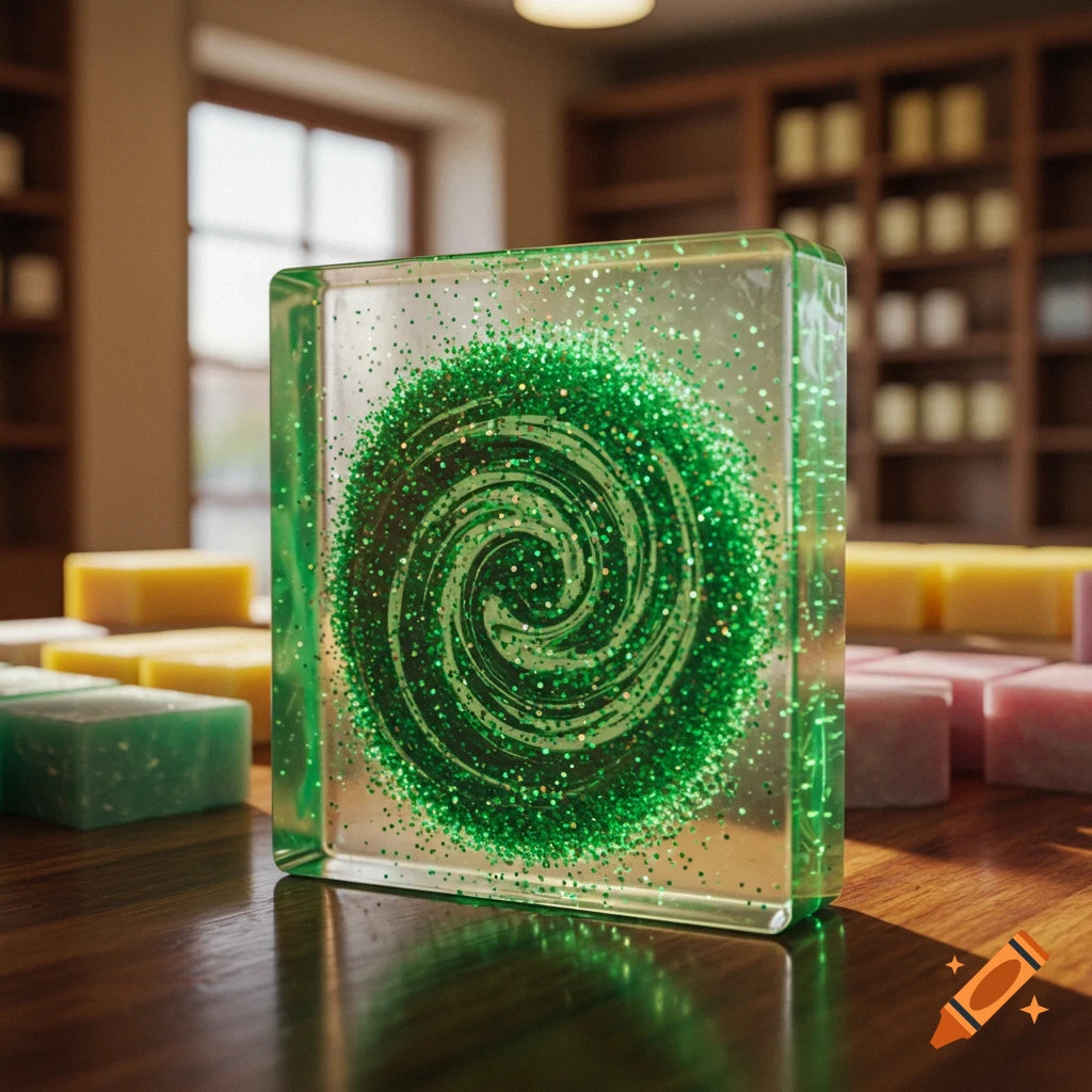 A clear block of green glitter soap with a swirling pattern, on a wooden surface with other soap blocks in a bright room.