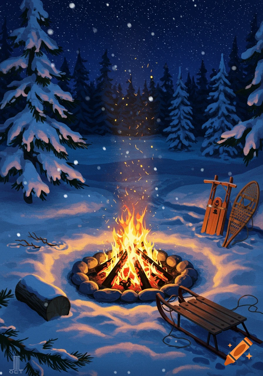 An illustrated winter night scene with a bright campfire in a snowy forest, surrounded by snow-covered trees, a sled, and snowshoes.