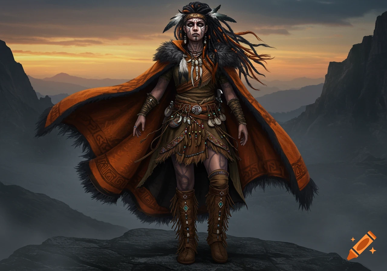 A detailed fantasy illustration of a female warrior with a feathered dreadlock headdress, face paint, and a flowing orange and black cape, standing on a rocky outcrop against a mountain sunset.