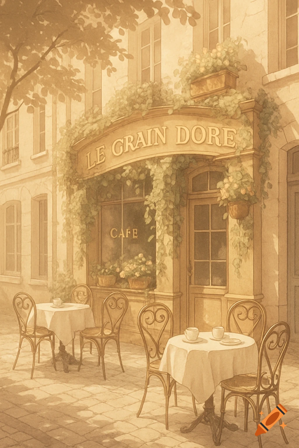 A sepia-toned watercolor illustration of a charming Parisian cafe, 'Le Grain Doré', with outdoor seating and lush greenery.