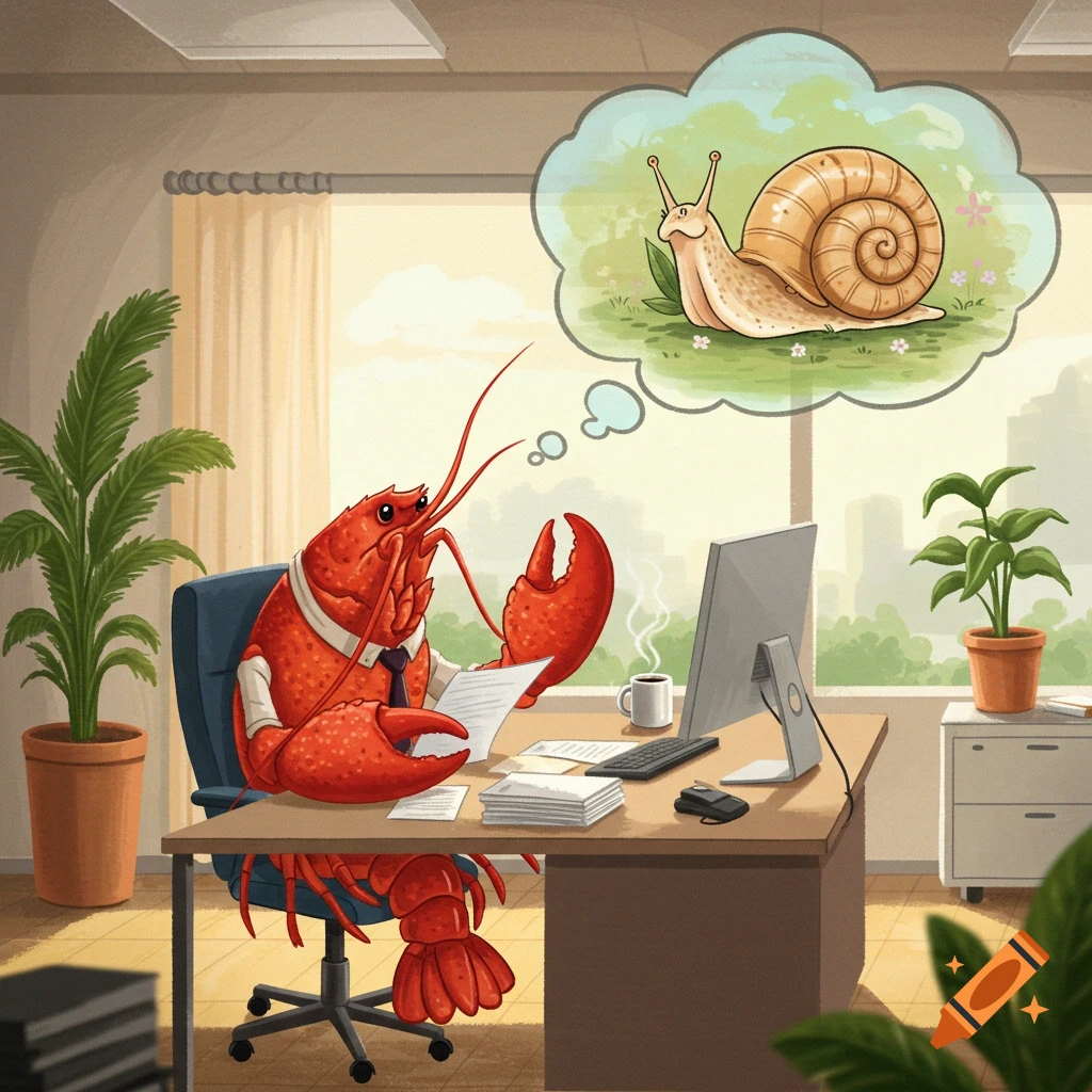 A cartoon lobster in a shirt and tie sits at an office desk, looking at papers and dreaming of a snail.