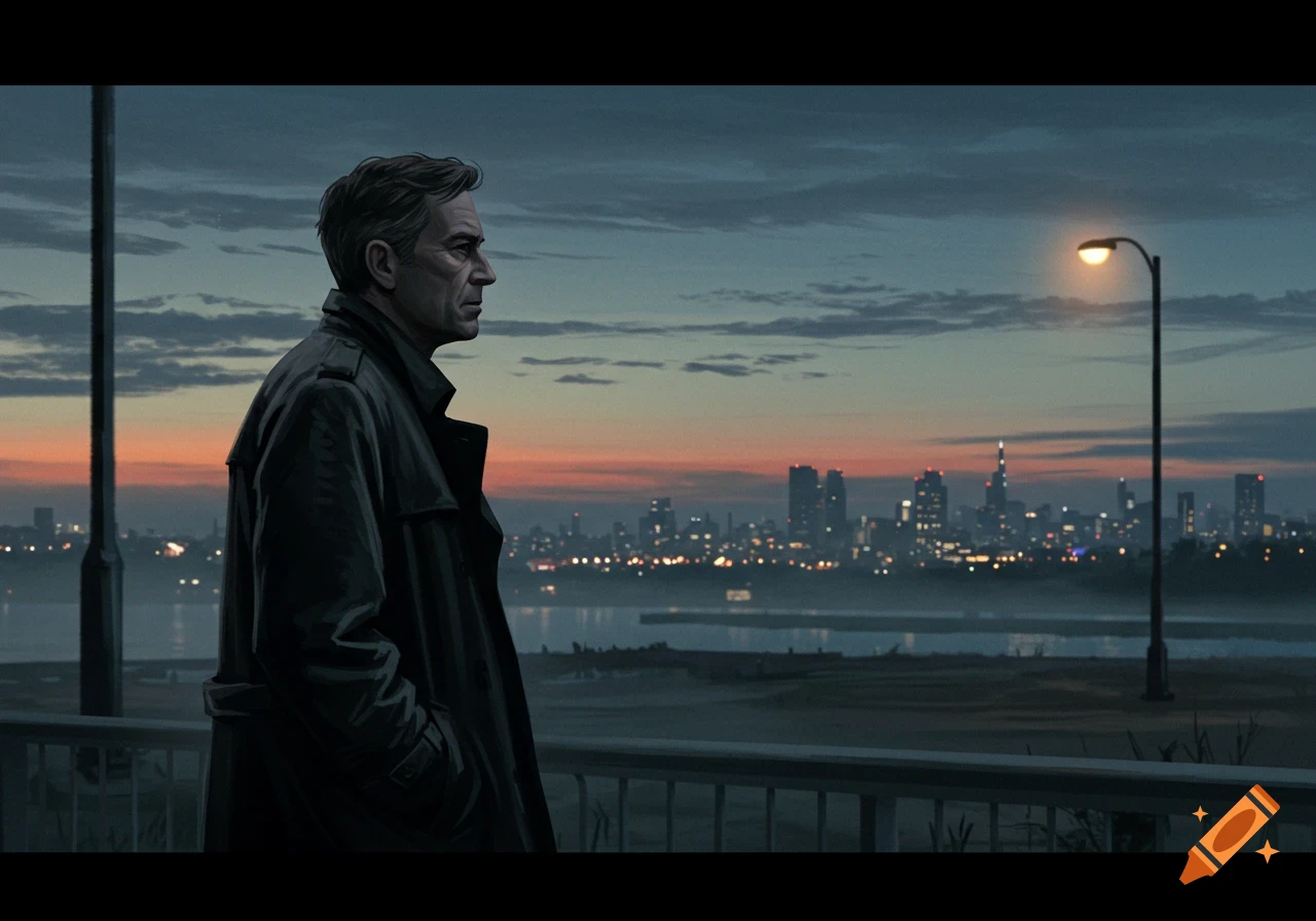 A man in a trench coat looks at a glowing city skyline at dusk from a bridge in an illustrative style.
