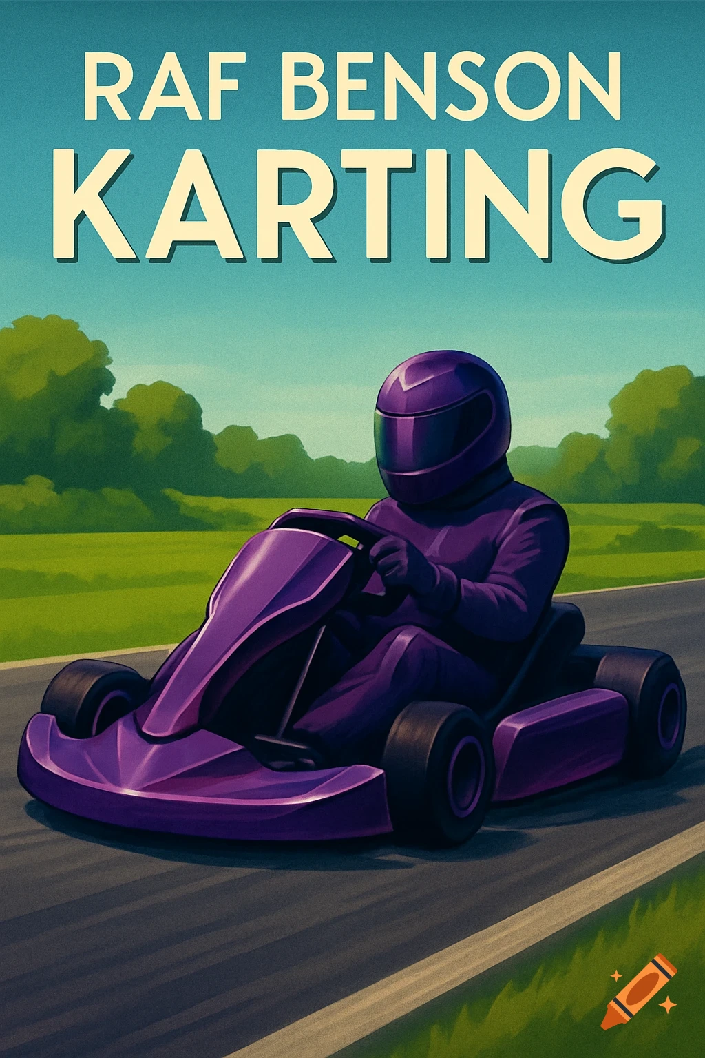 A stylized poster showing a person in a purple racing suit and helmet driving a purple go-kart on a track. The text 'RAF BENSON KARTING' is at the top.
