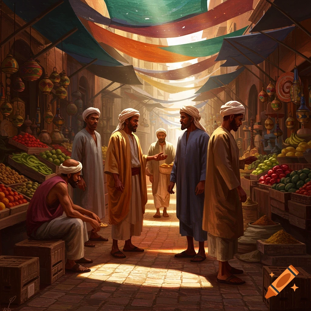 Men in traditional attire gather in a bustling, sunlit Middle Eastern market with colorful awnings and stalls of fruits and spices.