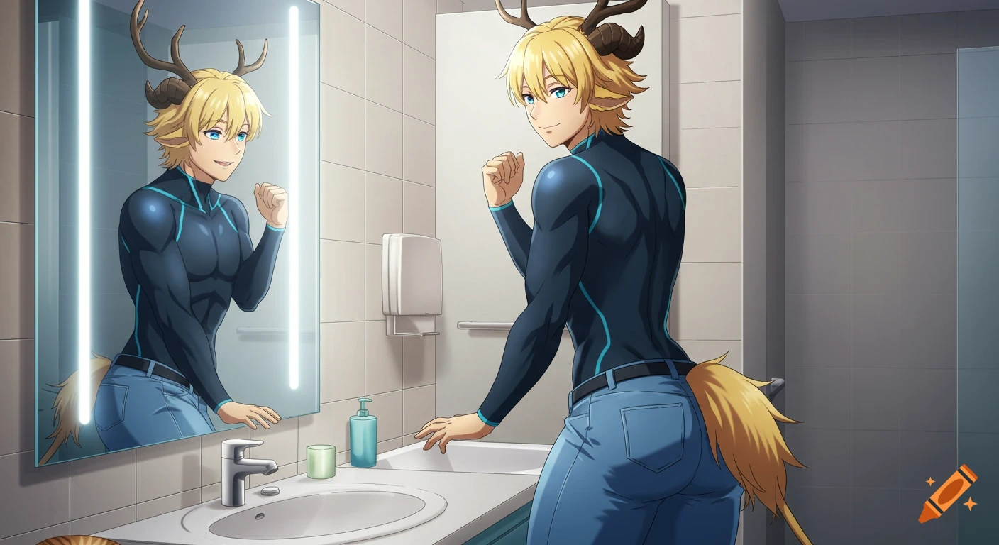 An anime-style blond satyr with antlers and a tail, wearing a black and blue bodysuit and jeans, stands in a bathroom looking at his reflection.