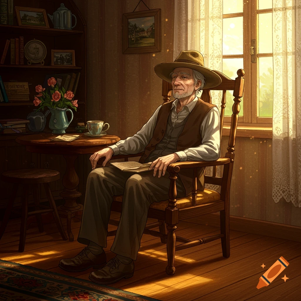 A stylized illustration of an old man with a hat sitting in a wooden rocking chair by a sunlit window, holding a book.