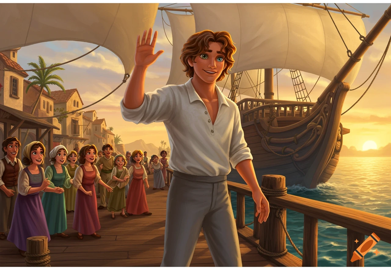 A young man with heterochromia waves goodbye from a pier to a crowd at sunset, with a large ship nearby, in a Disney style illustration.