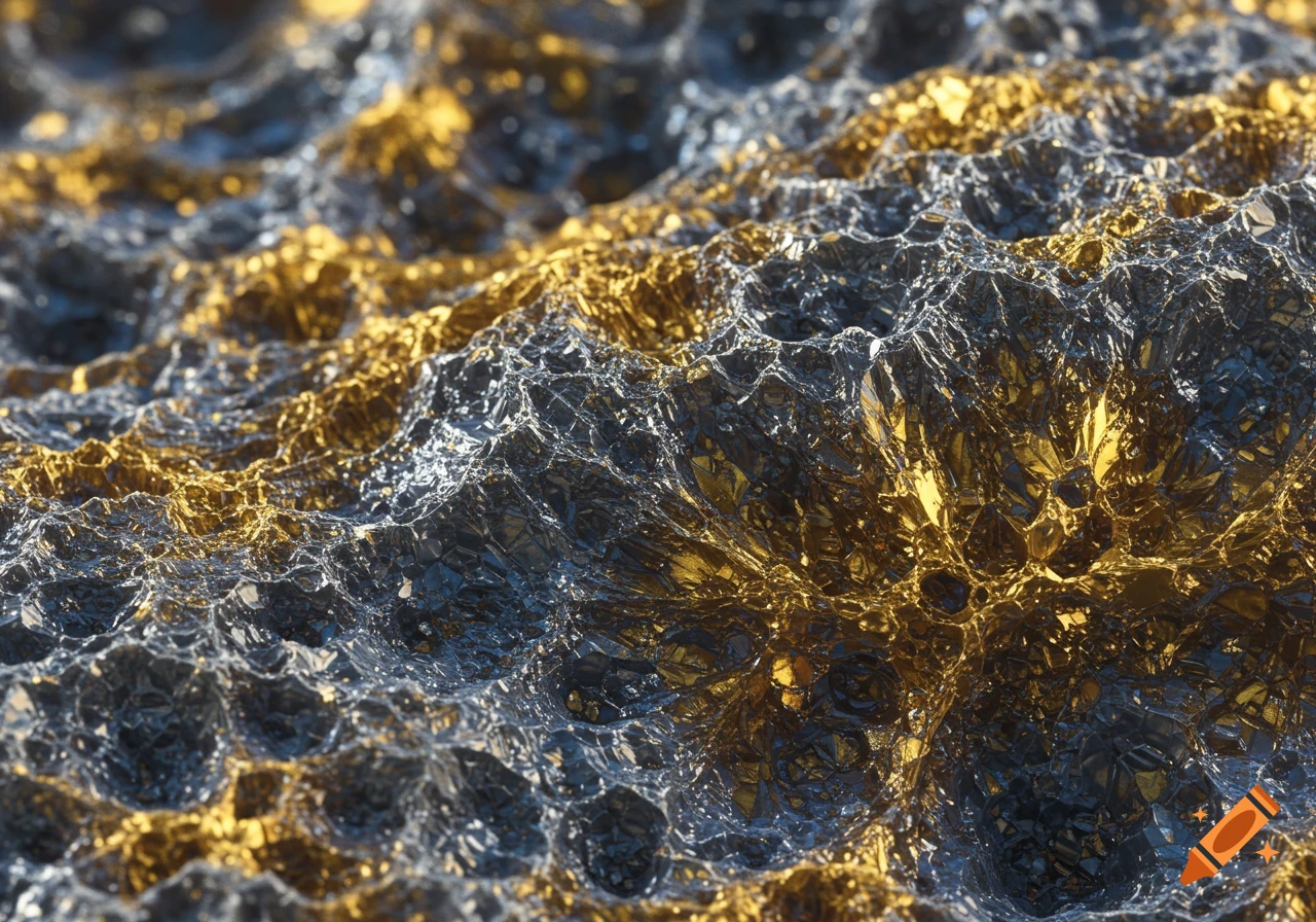 A close-up, highly detailed view of a shimmering, intricate metallic texture composed of interconnected gold and silver-grey crystalline formations.
