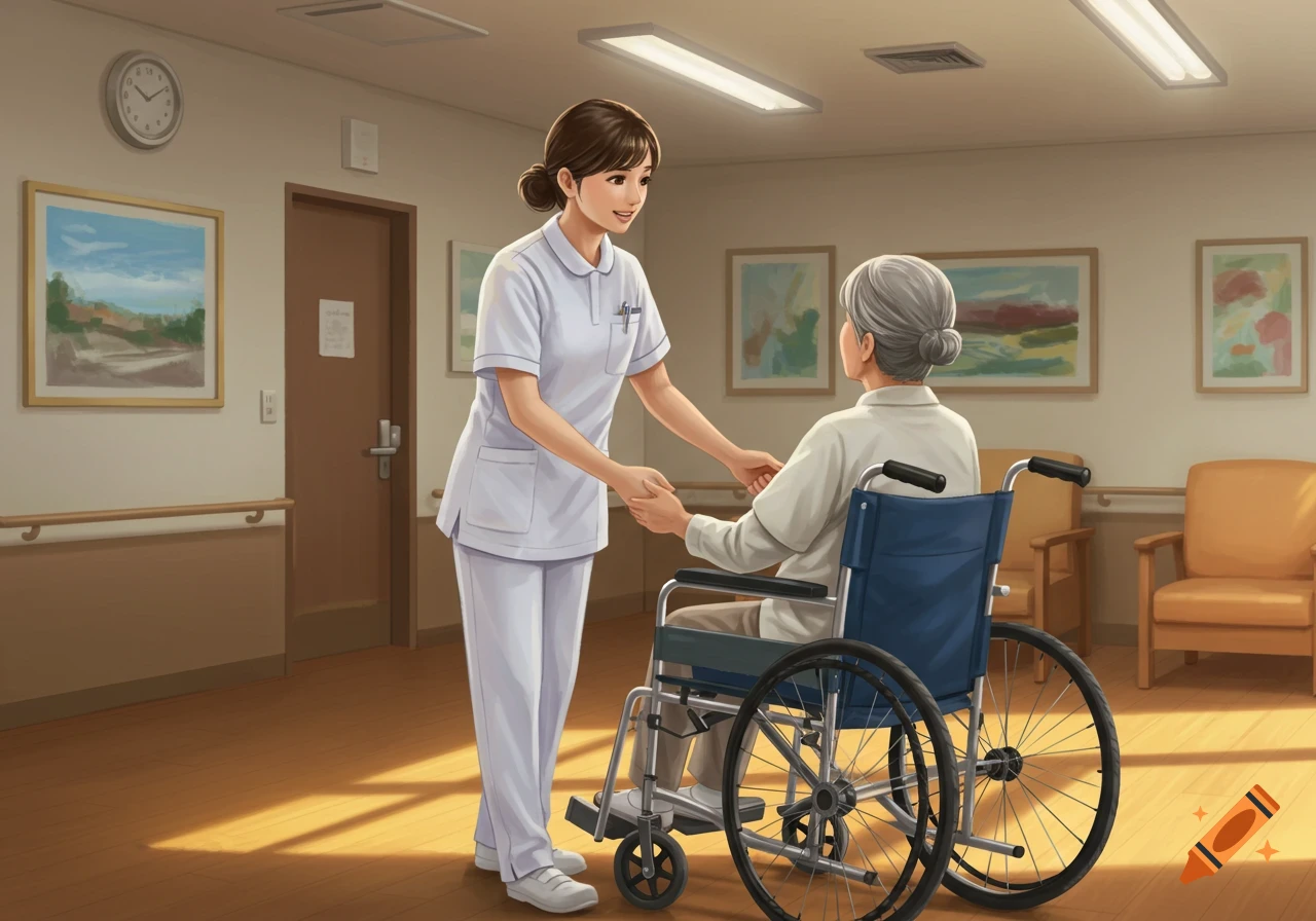 An illustration of a kind nurse in white scrubs helping an elderly woman in a wheelchair in a sunlit hospital corridor, holding her hands.