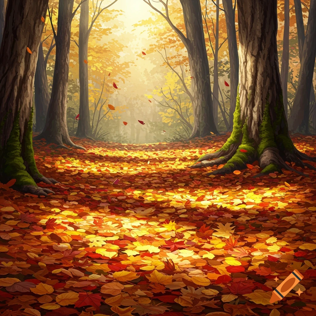 A vibrant autumn forest path covered in red, orange, and yellow leaves, with sunlight filtering through the trees.