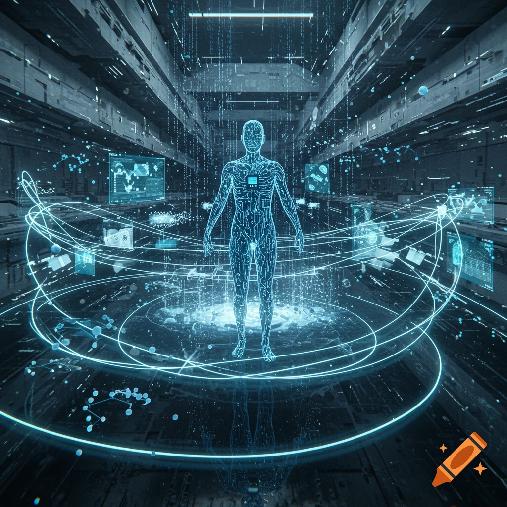 A glowing, circuit-patterned human figure stands in a dark, futuristic environment surrounded by holographic data screens and light trails.