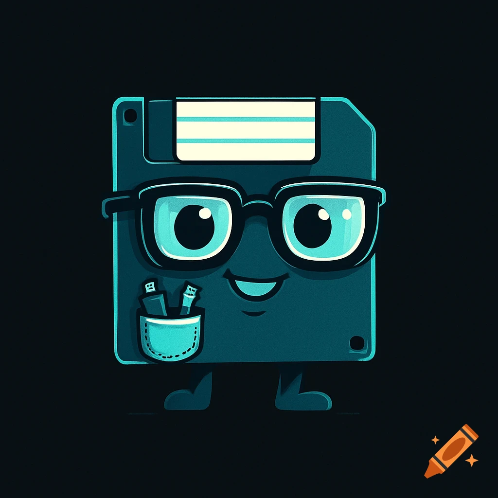 A cartoon floppy disk character in blue with glasses, a happy face, and a pocket holding USB drives, on a dark background.
