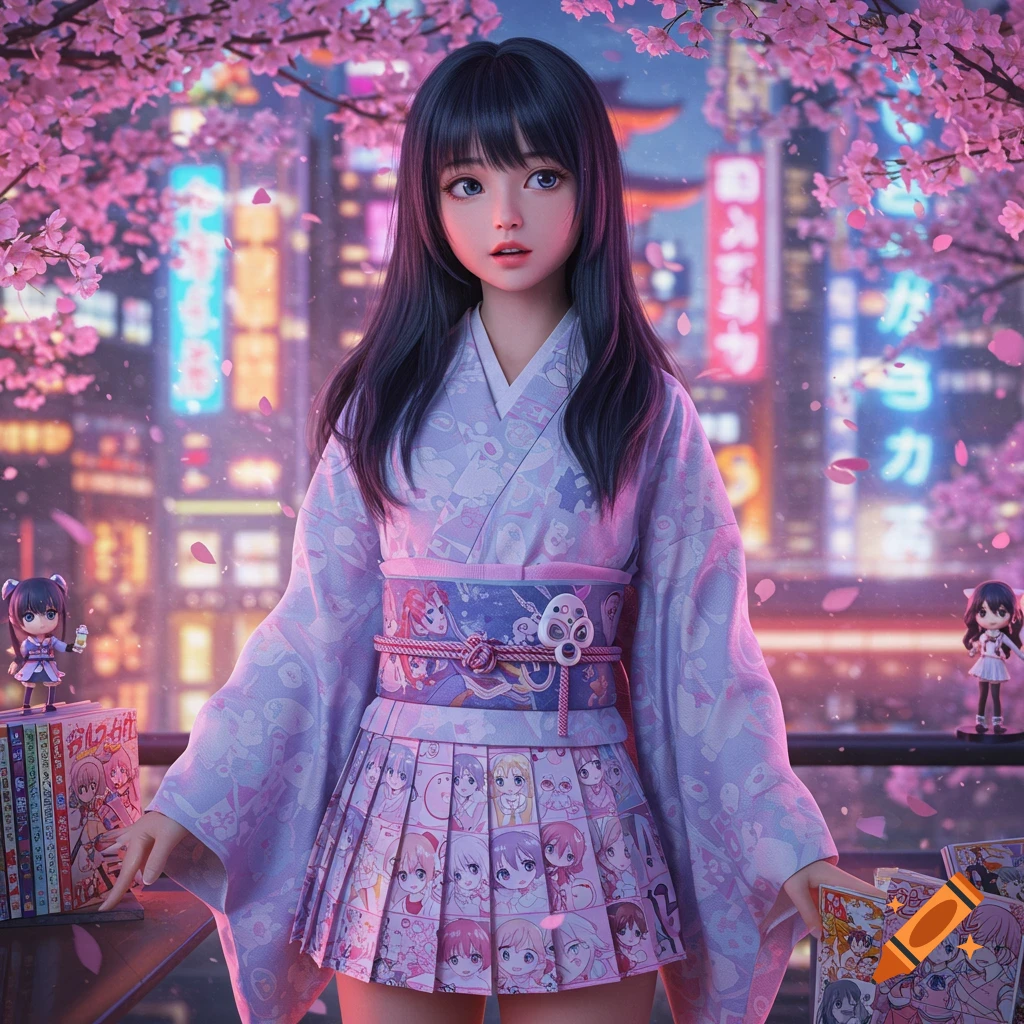 A hyperrealistic portrait of a young woman in a purple kimono and a skirt covered in anime characters, standing under cherry blossoms with neon city lights in the background.