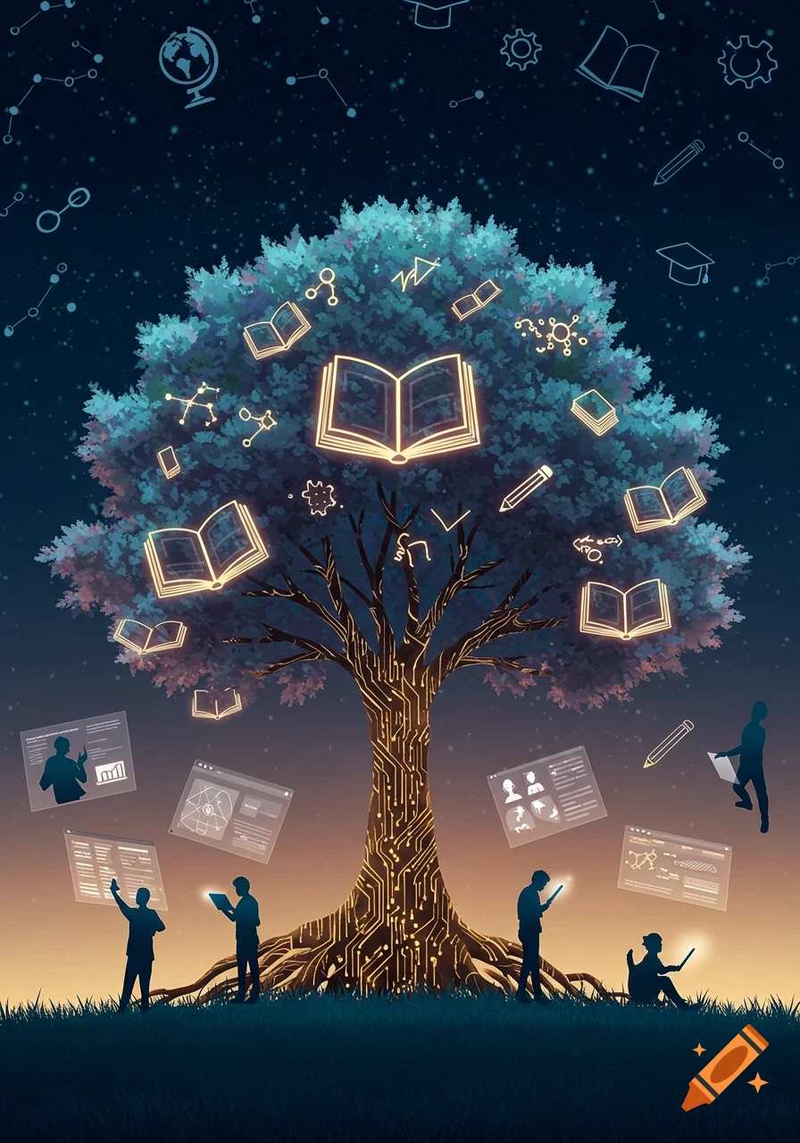 Stylized illustration of a knowledge tree with circuit patterns, glowing books, and people learning with digital screens under a starry sky.