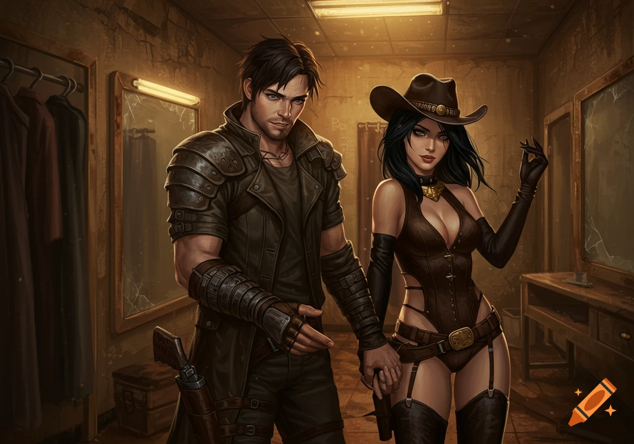 A man in a post-apocalyptic leather outfit holds hands with a woman in a skimpy cowgirl outfit and hat in a grungy changing room, digital art.