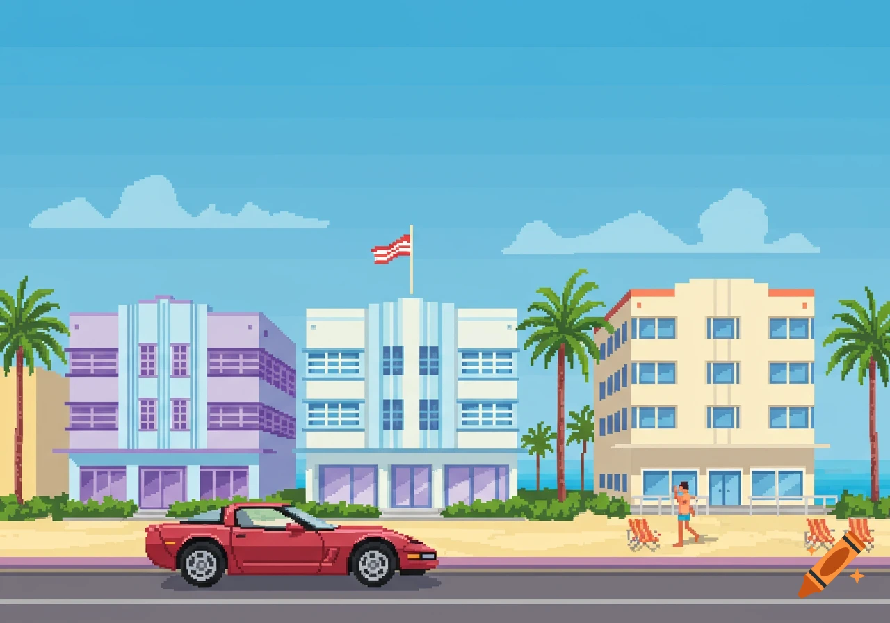 Pixel art of Miami Beach with colorful Art Deco buildings, palm trees, a red Corvette, and a person on the sand.