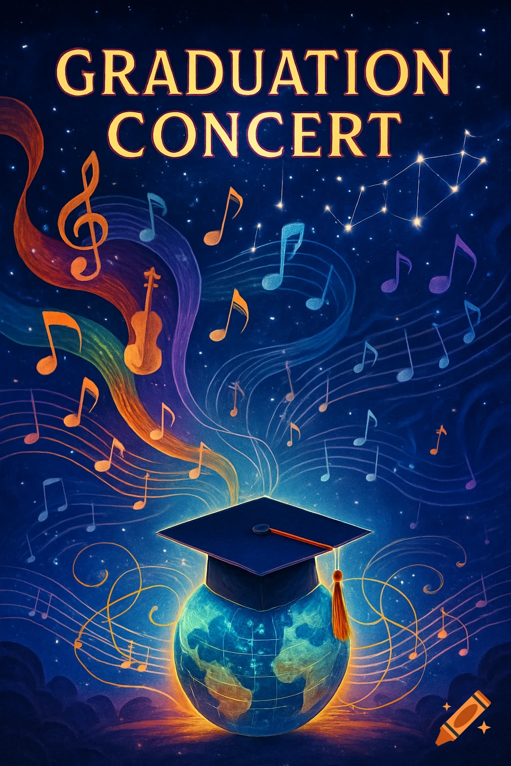 A vibrant abstract poster with "GRADUATION CONCERT" text, musical notes, a globe wearing a graduation cap under a starry sky.