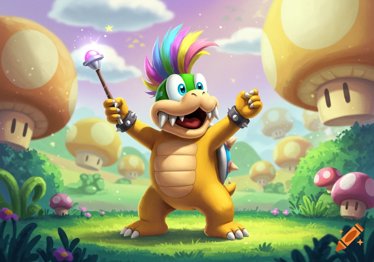 Lemmy Koopa, a yellow turtle-like character with a rainbow mohawk, stands in a vibrant mushroom field, holding a magic wand.