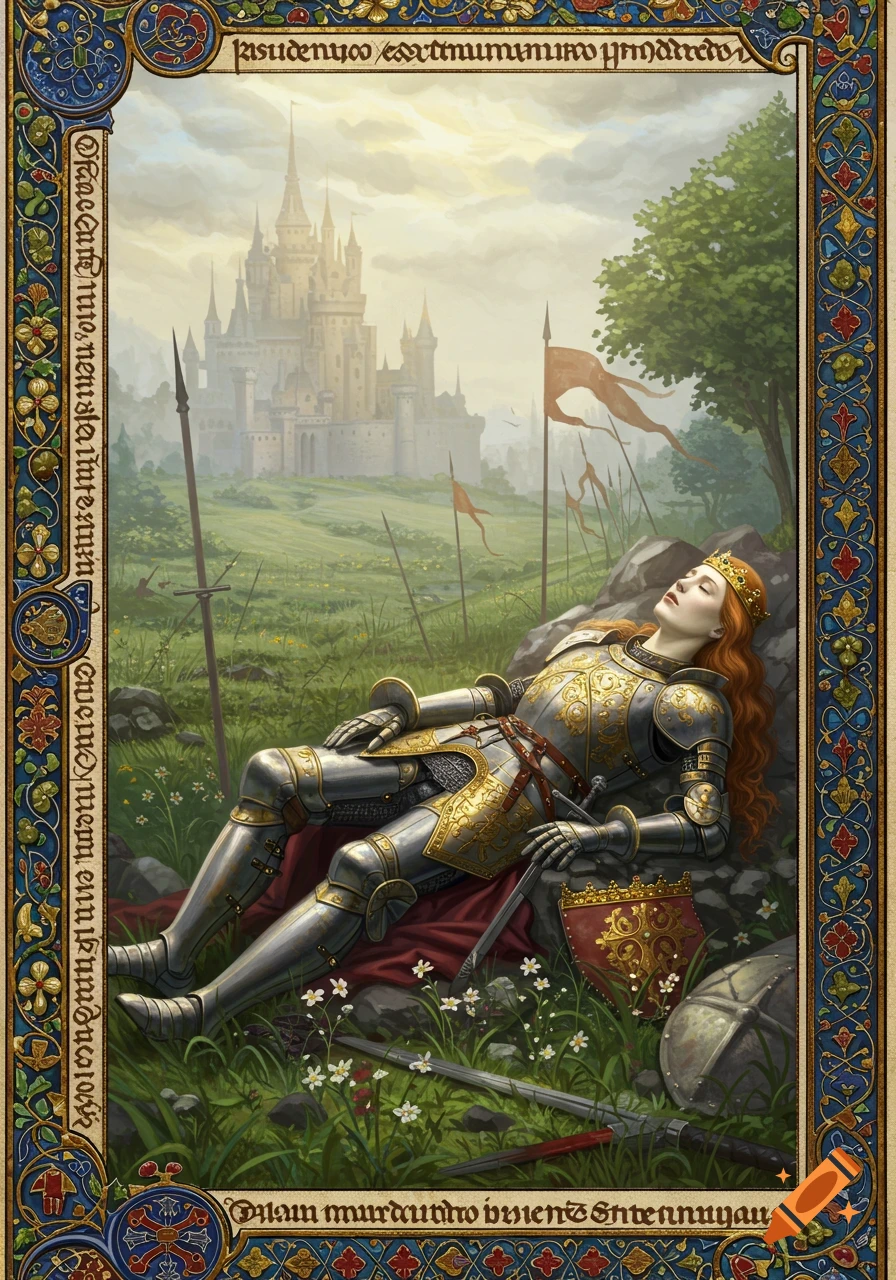 A medieval illuminated miniature shows a red-haired queen knight in armor lying in a grassy field, with a castle in the background.
