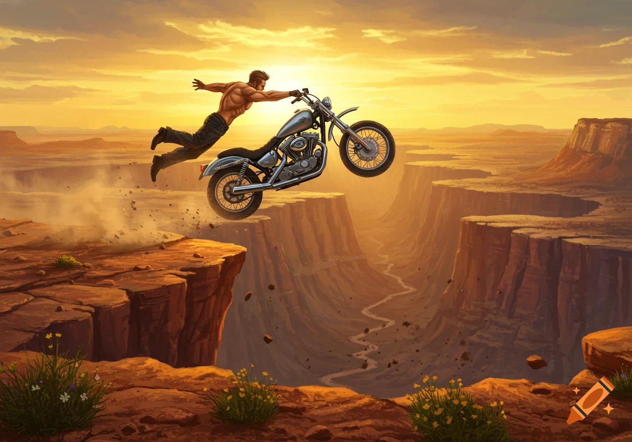A shirtless man mid-air next to a motorcycle, both jumping off a cliff into a vast canyon at sunset, digital art.