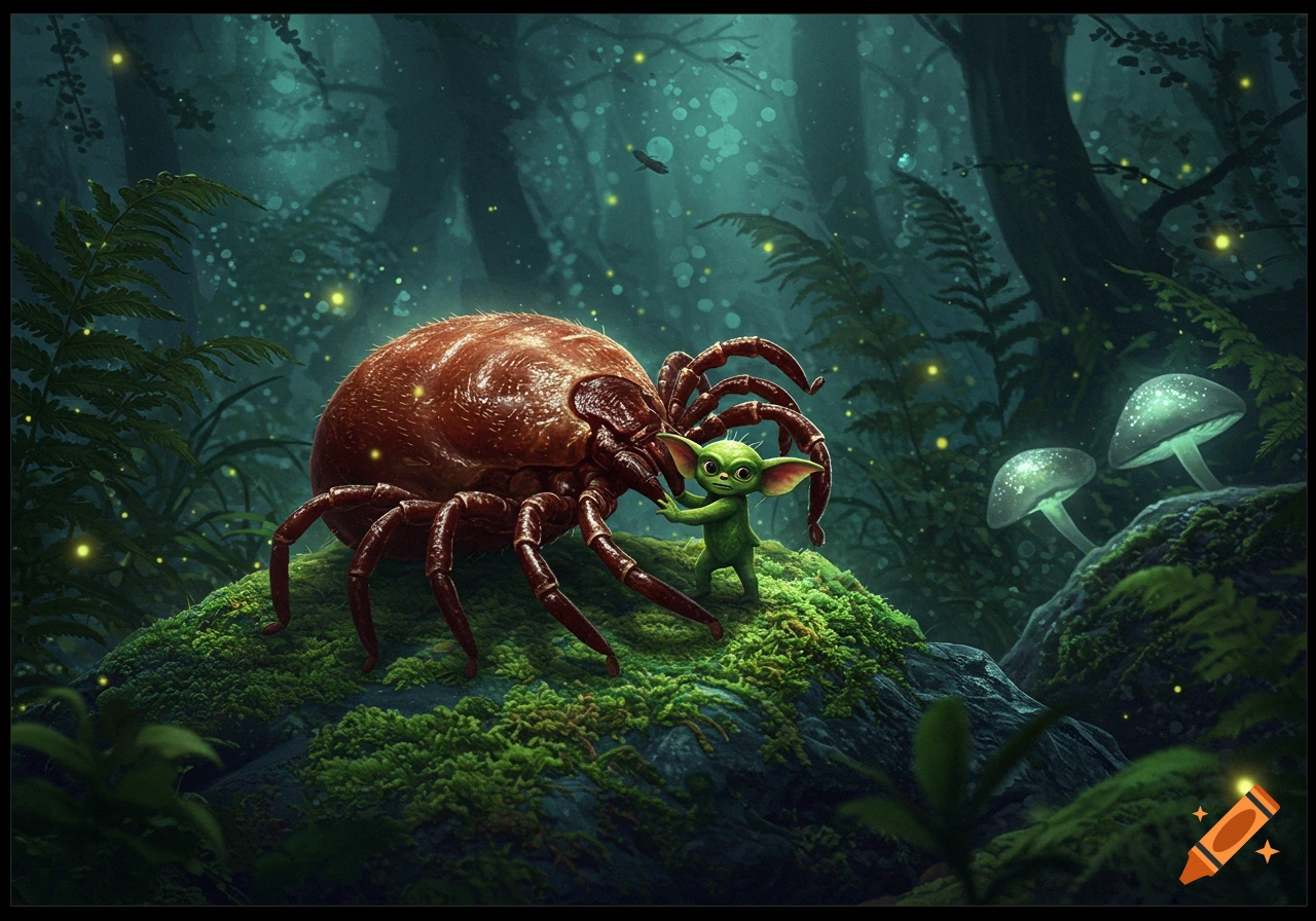 A small green gremlin stands next to a giant brown tick on a mossy forest floor with glowing mushrooms and fireflies in a dark, magical forest.