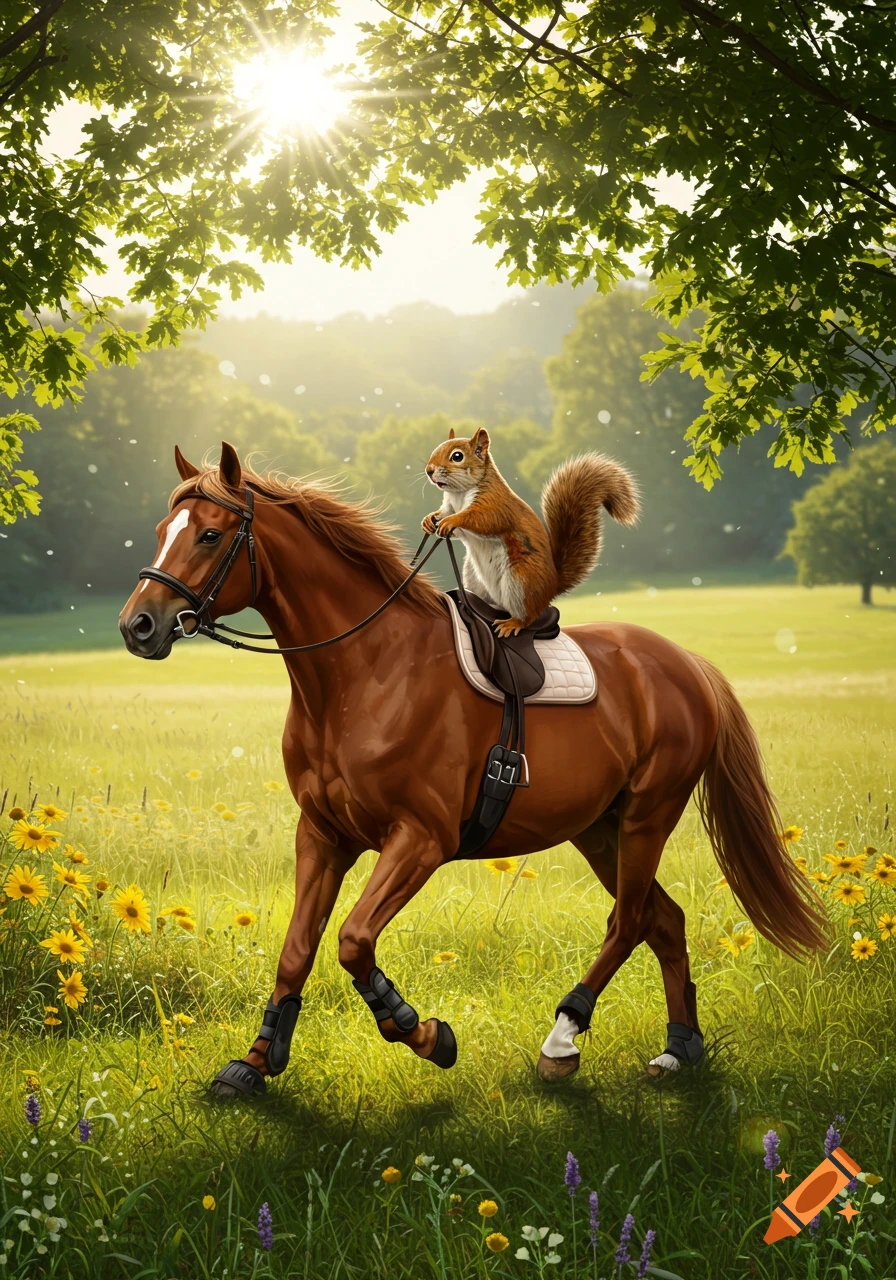 A photorealistic image of a squirrel riding a brown horse through a sunlit field with yellow and purple wildflowers.