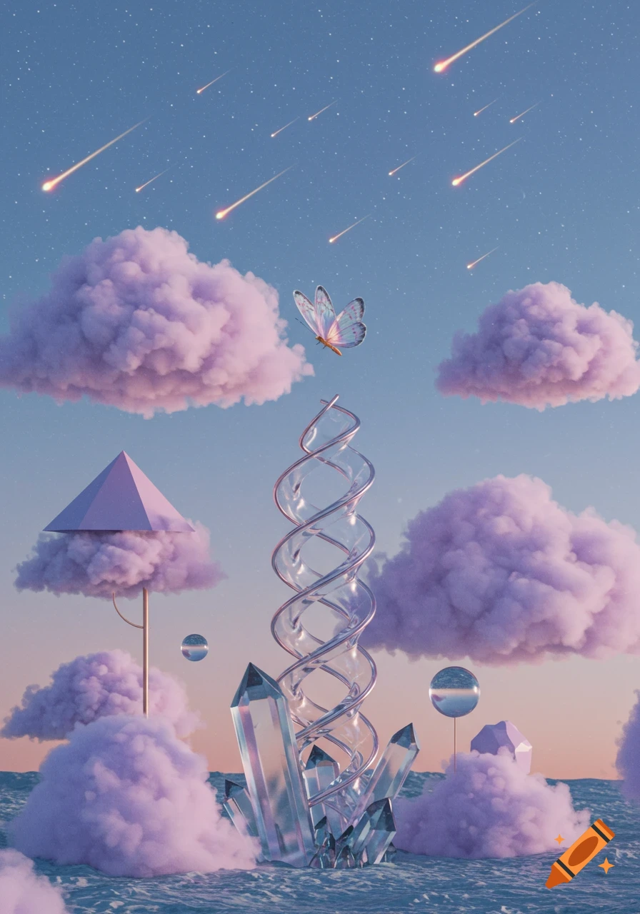 Dreamy pastel landscape with purple clouds over blue water, clear crystals, a silver spiral, a butterfly, and shooting stars in a starry sky.