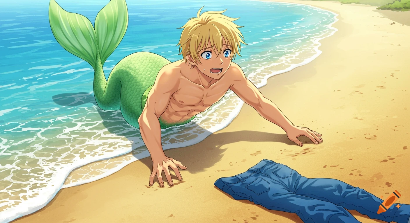 A blonde male merman with a green tail crawls frantically on a sandy beach towards blue jeans, in an anime style.