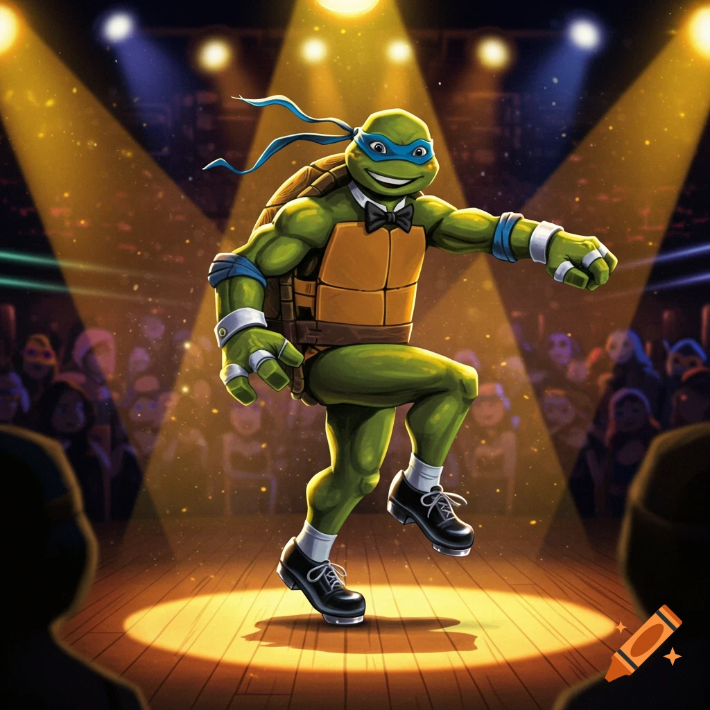 Cartoon illustration of Leonardo from TMNT tap dancing on a spotlighted stage wearing a bow tie and tap shoes.
