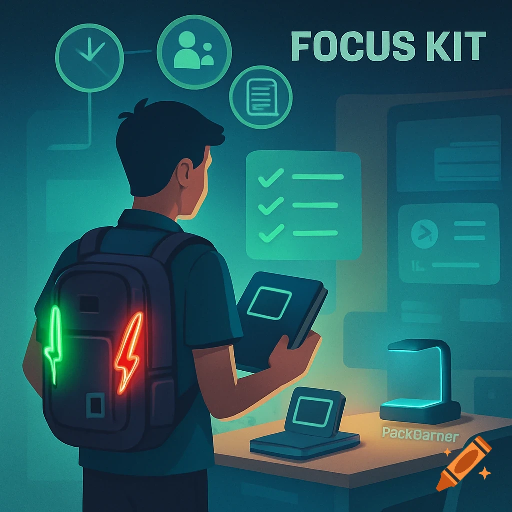 A student with a glowing backpack stands at a desk with tech gadgets, surrounded by digital productivity icons, for the 'FOCUS KIT'.