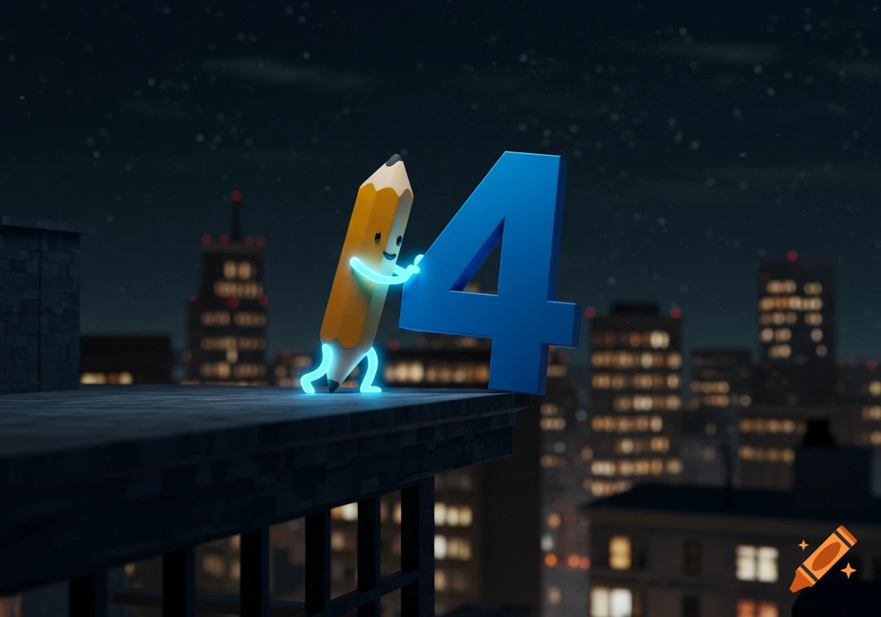 A glowing cartoon pencil character pushes a large blue number 4 off a city rooftop at night.