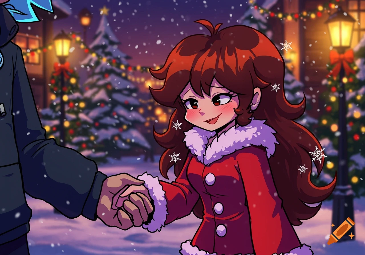 Anime-style image of a brown-haired girl in a red winter coat holding hands with a blue-haired person on a snowy, festive street at night.