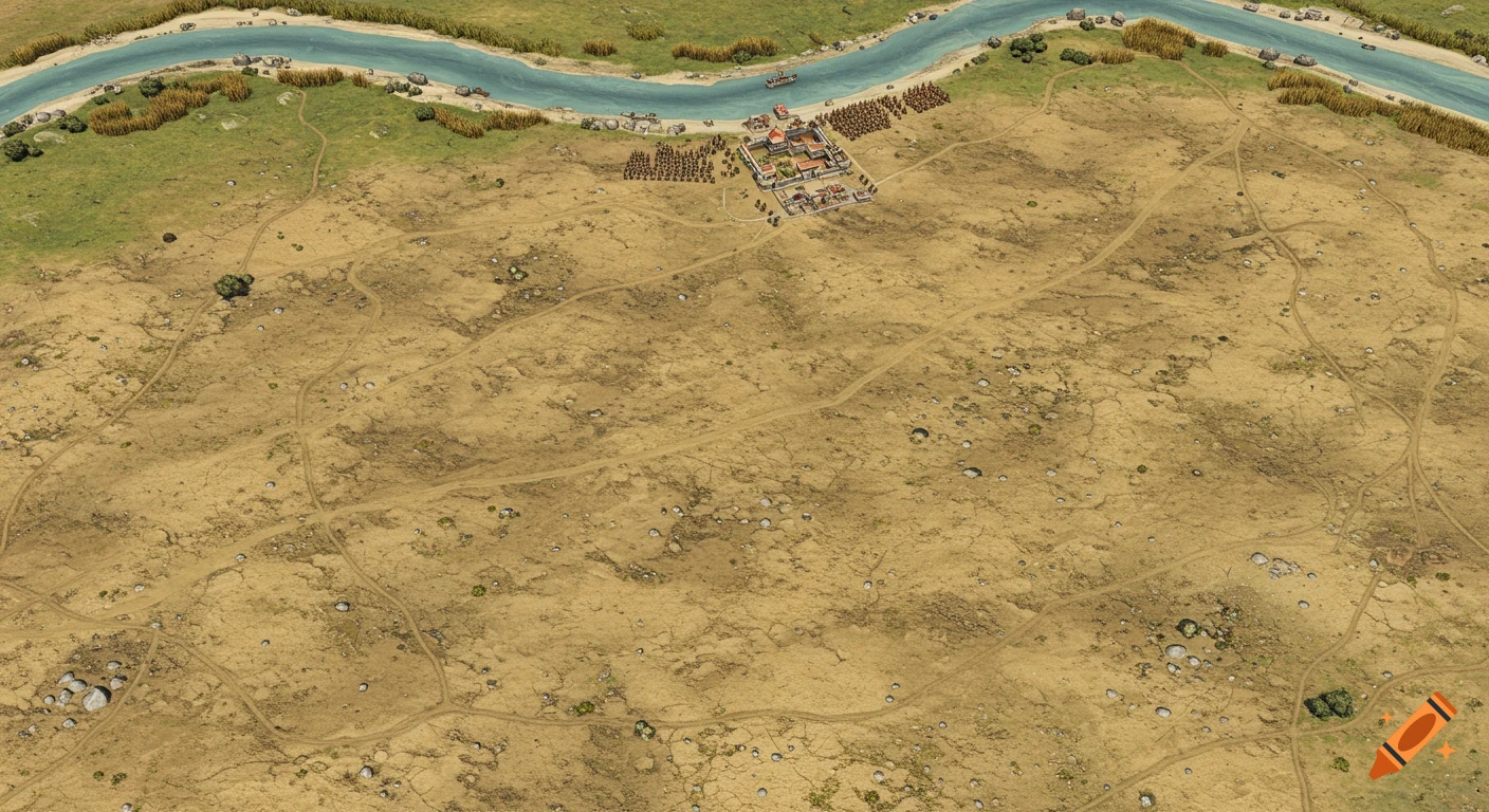 Top-down realistic ancient battlefield map of a dry plain with a winding river, a small settlement, and troops.