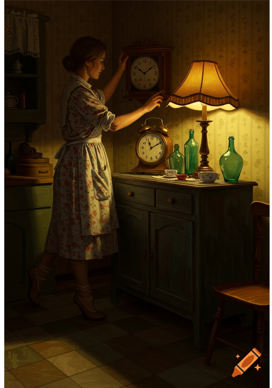 A woman in a floral dress stands on tiptoes in a dimly lit kitchen, adjusting a wall clock. An alarm clock, bottles, and cups sit on a cabinet below, all bathed in warm lamp light.