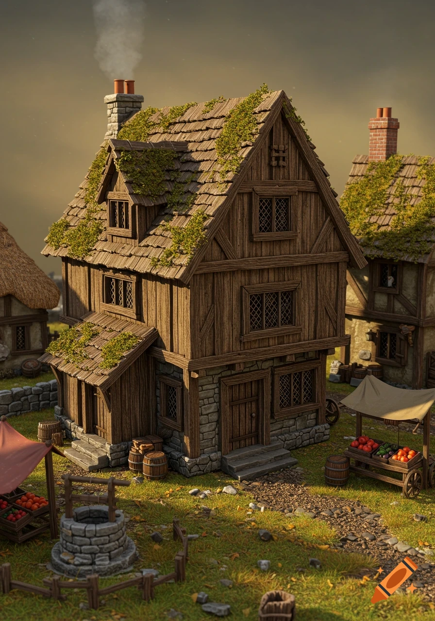 A detailed timber-framed building in a Warhammer fantasy tabletop miniature village scene with a well and market stall.