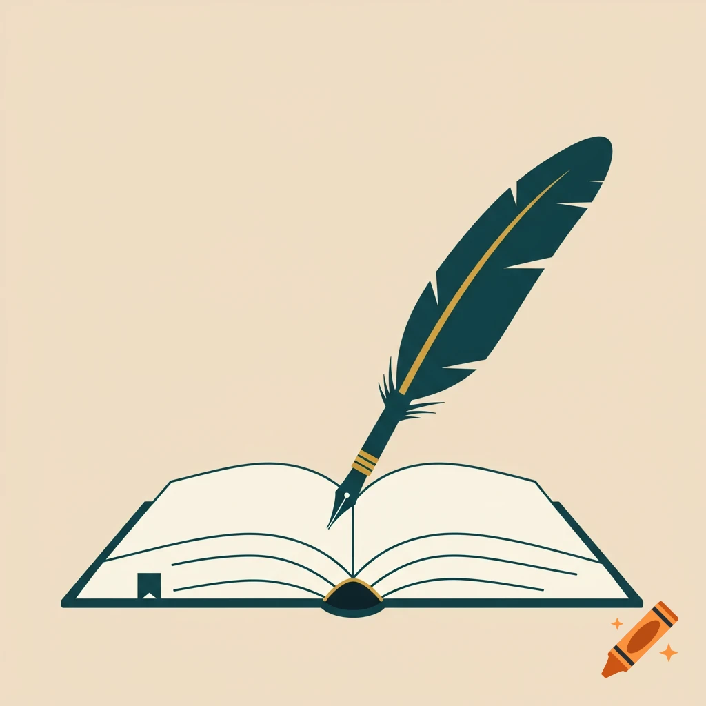 Stylized illustration of a dark green quill pen writing in an open book with a light beige background.