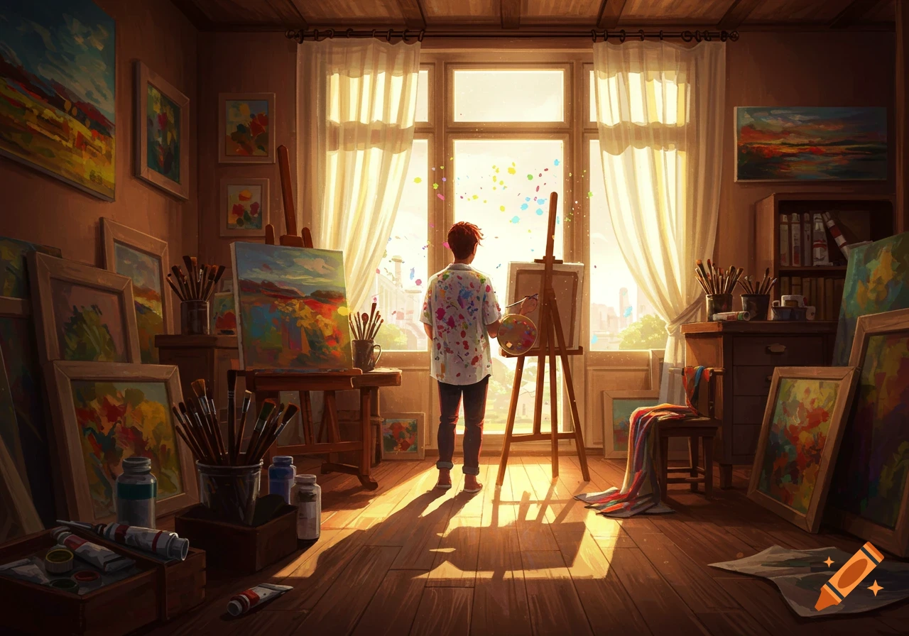 An artist stands in a sunlit studio, surrounded by paintings and art supplies, looking out a large window.