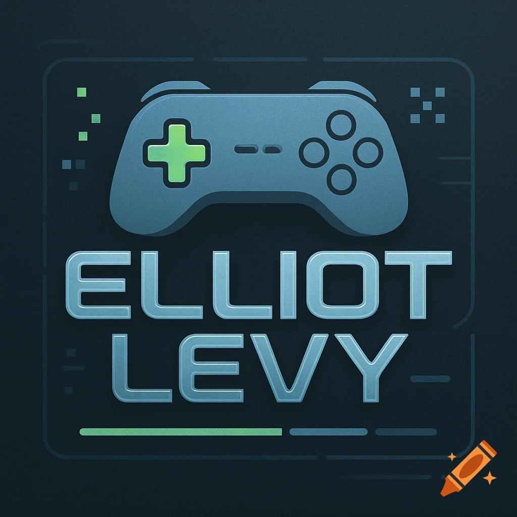 A stylized video game logo featuring a blue controller and the text 'ELLIOT LEVY' in a modern font on a dark background with green pixel accents.
