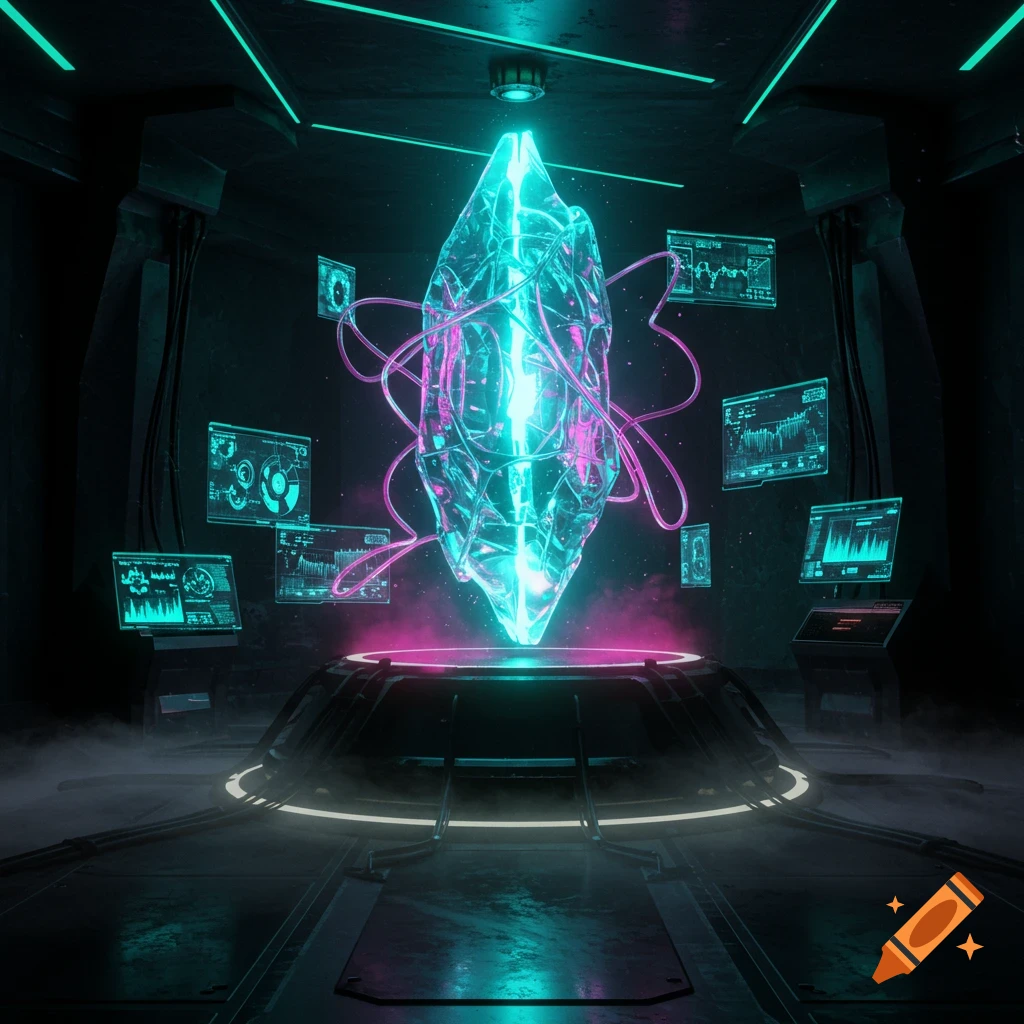 A large, glowing blue and pink crystal artifact hovers above a platform in a dark, futuristic chamber with data screens.