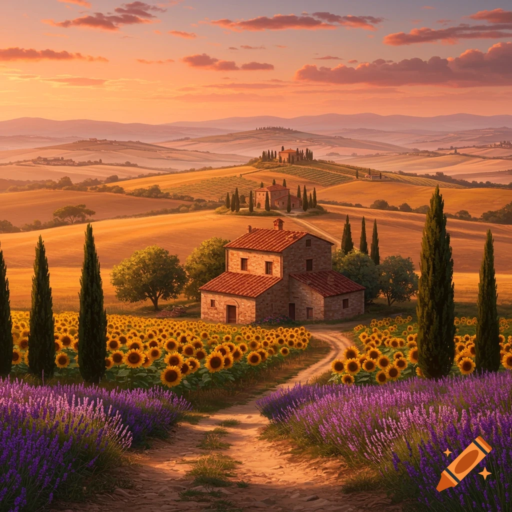 A stone house in a field of sunflowers and lavender, surrounded by rolling hills under a sunset sky.