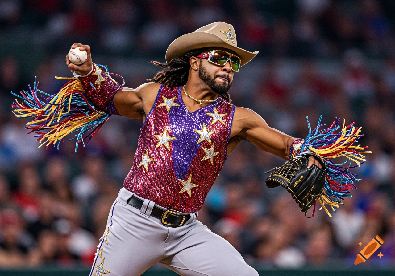 A baseball player in a flamboyant sequined cowboy outfit, sunglasses, and hat in a pitching stance on a field.