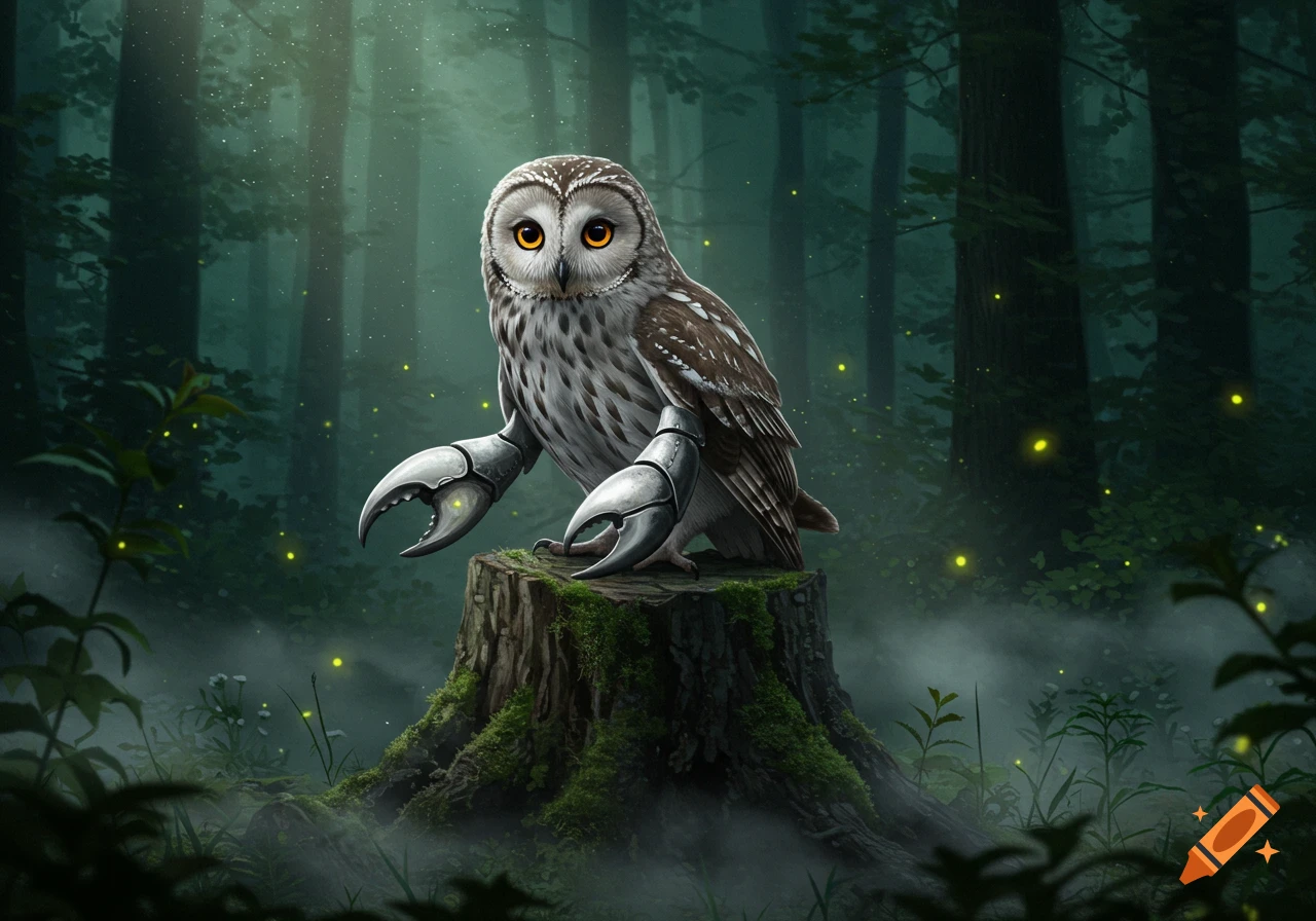 A fantastical owl with large silver crab claws perches on a mossy tree stump in a misty, dark forest filled with glowing fireflies.