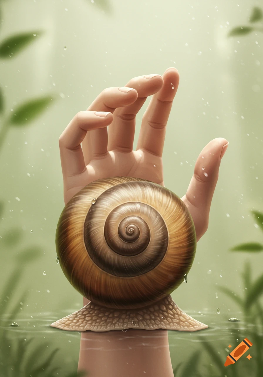 A photorealistic image of a human hand that forms the body of a snail, with a brown spiral shell and water droplets.