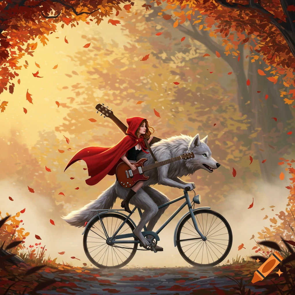 Stylized illustration of Little Red Riding Hood playing guitar while riding on a wolf's bicycle through an autumn forest.