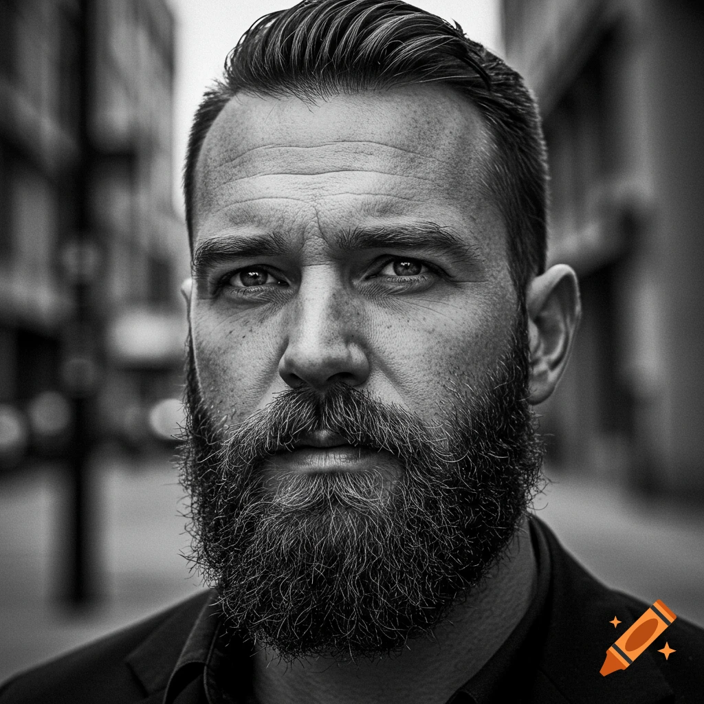Close-up black and white portrait of a bearded man looking forward.