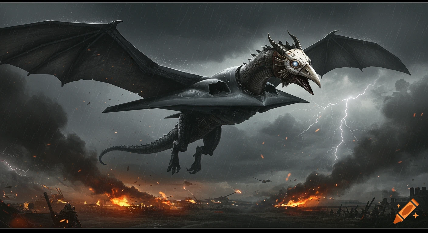 A menacing dragon with B-2 bomber wings and a crow mask flies over a burning battlefield under a stormy, lightning sky, blending dark fantasy and stealth tech.