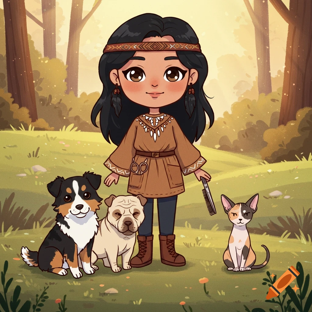 A cartoon indigenous woman with black hair and brown eyes, holding a comb, stands in a sunny forest with a tricolor mini aussie, a cream mini sharpei, and a calico hairless cat.