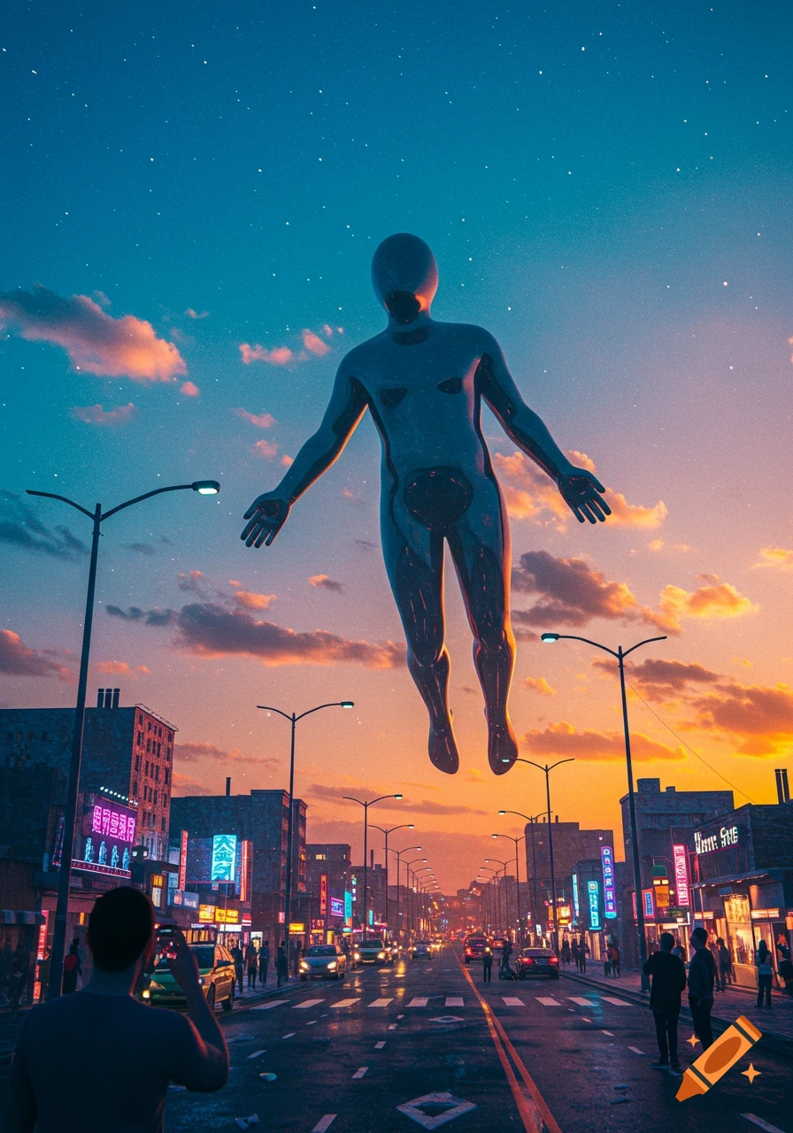 A metallic, humanoid figure floats above a bustling city street at dusk with neon lights, a surreal photorealistic image.