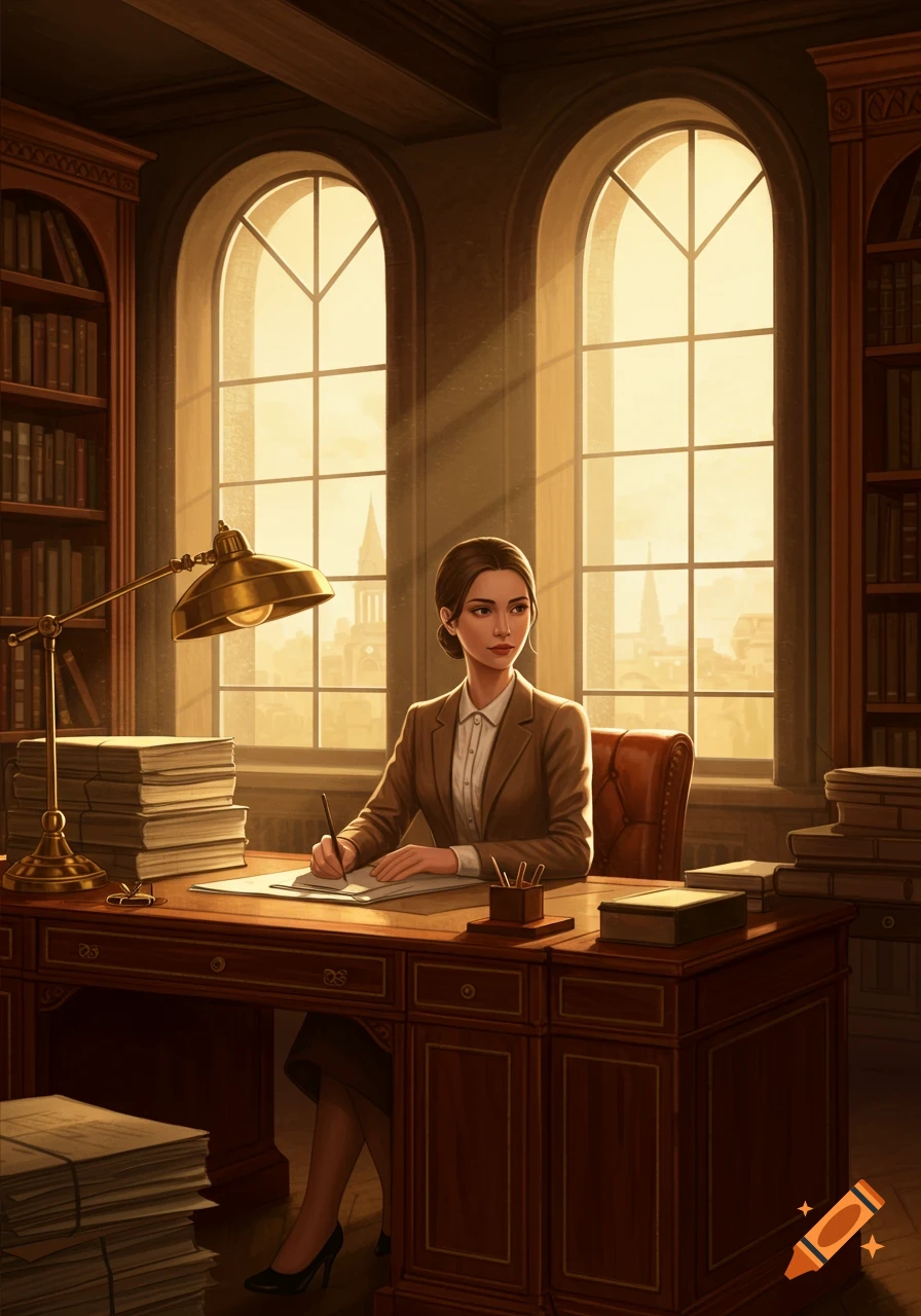 A professional woman in a brown suit sits at a large wooden desk in a sunlit office, writing on paper with bookshelves behind her.