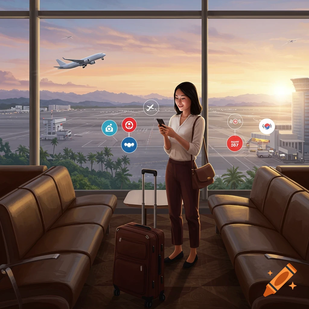 A young Asian woman checks her phone in an airport lounge, with planes on the tarmac and a sunset sky visible through a large window.